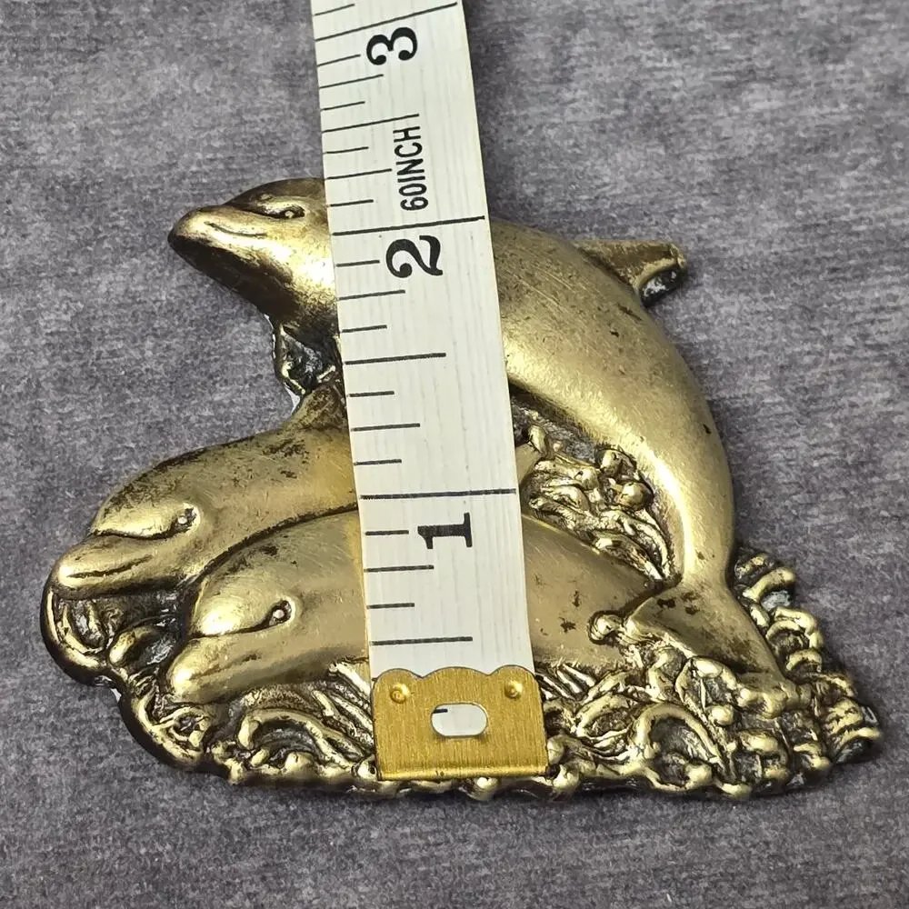 Vintage Pot Metal Brass Stone Cut Out Pod of Three Dolphins Swimming Belt Buckle
